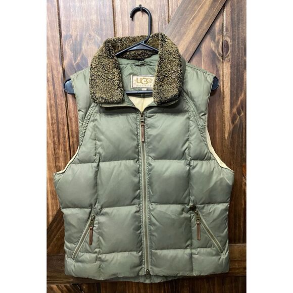 UGG Australia Army Green Puffer Down Vest Womens Sz L - Picture 1 of 11